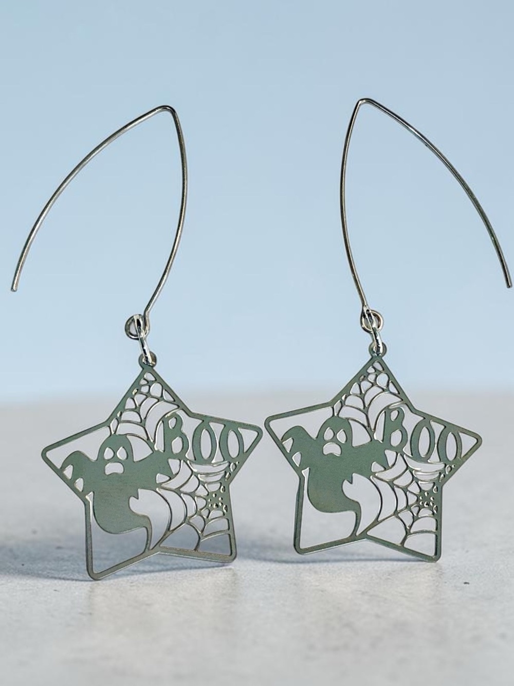 🆕 Star with Boo Ghost in Spiderwebs Laser Cut Dangle Earrings